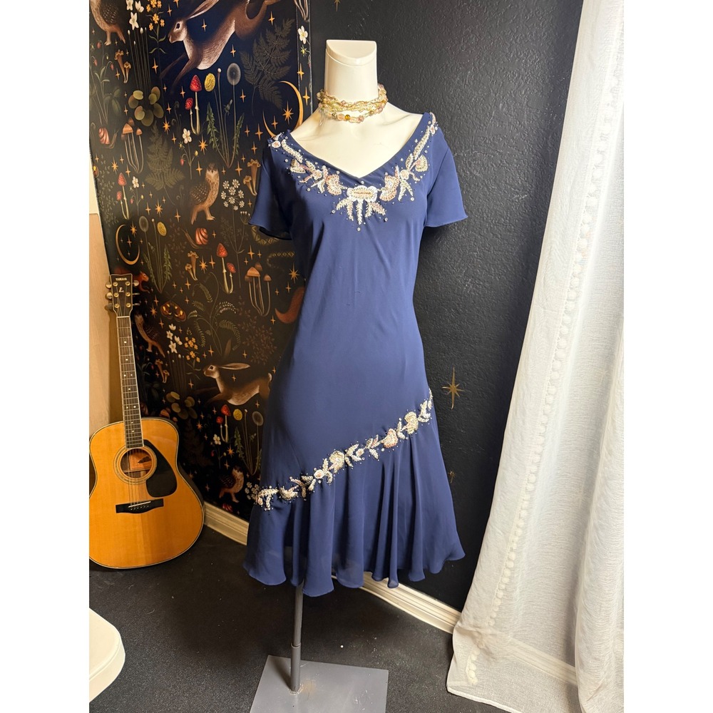SL Fashions Navy Blue Beaded Embroidered Cocktail Dress Size 18 153138E
